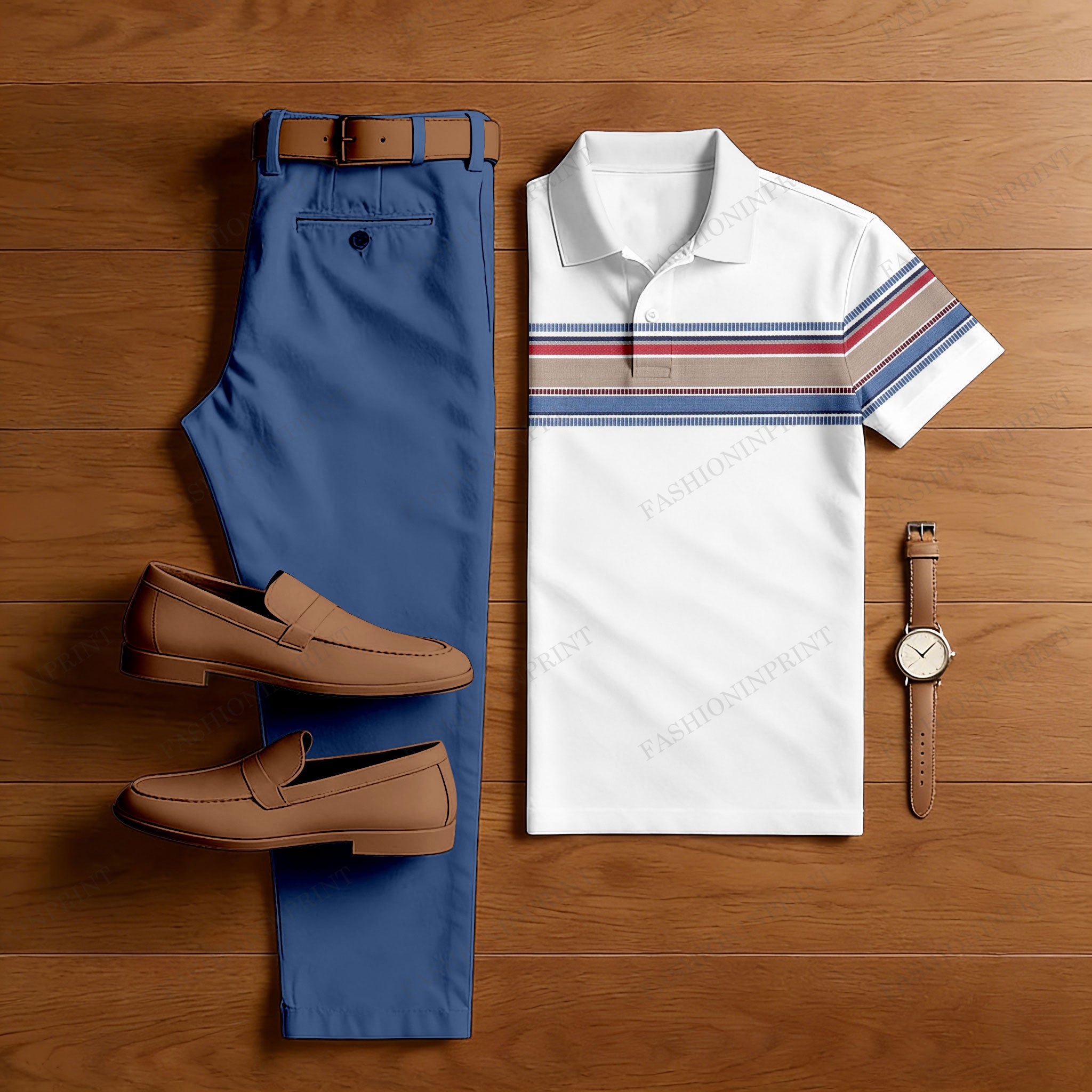 Men's Casual White Geometry Printed Polo Shirt And Pants Two-Piece Set