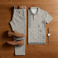 Men's Casual khaki Geometric Printed Short Sleeved Polo Shirt & Trousers Two-Piece Set