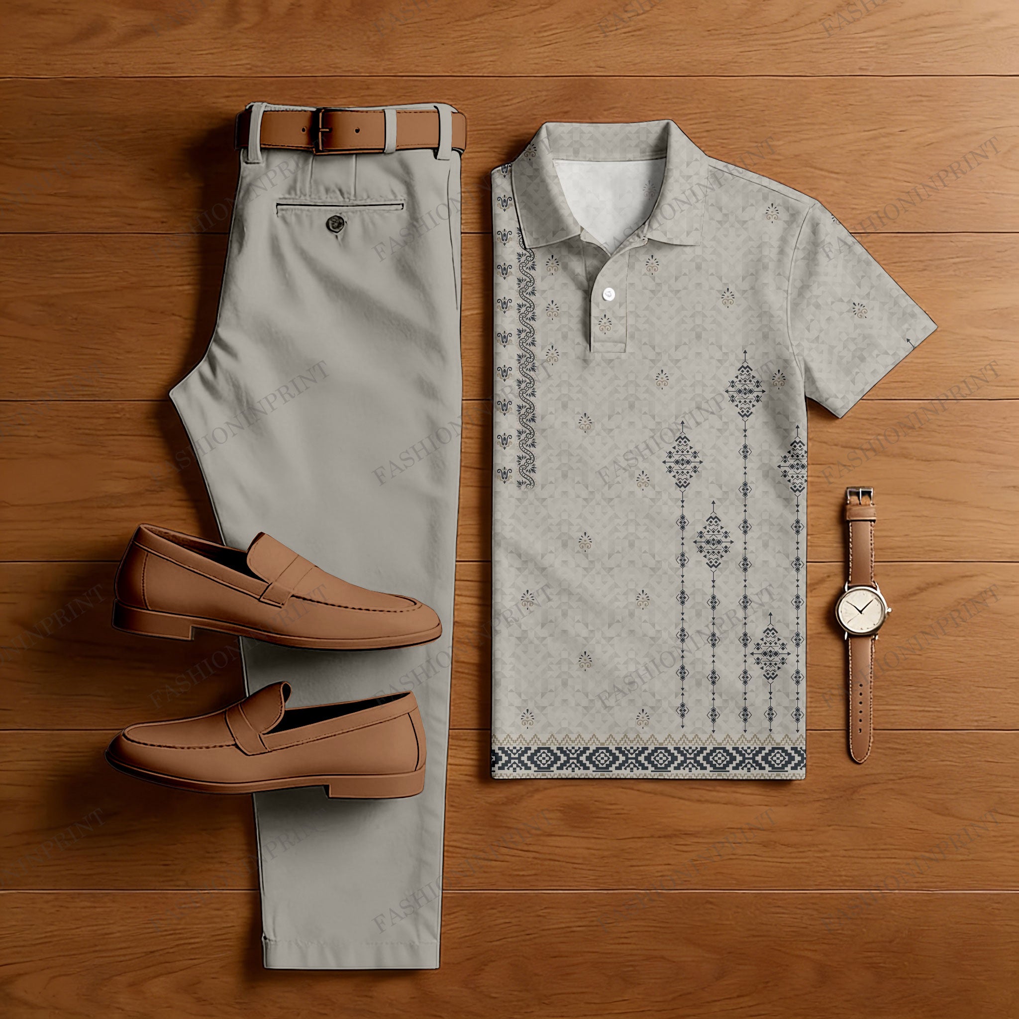Men's Casual khaki Geometric Printed Short Sleeved Polo Shirt & Trousers Two-Piece Set