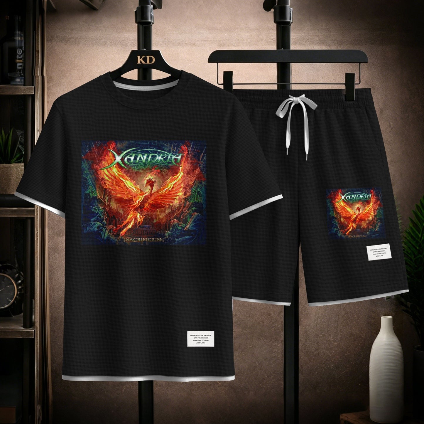 Men's Phoenix Graphic Print Short Sleeve Shirt and Drawstring Shorts Set, Casual Summer Two-Piece Outfit, Lightweight Breathable Relaxed Fit Athletic Set for Daily Wear, Beach, Vacation, Travel and Loungewear