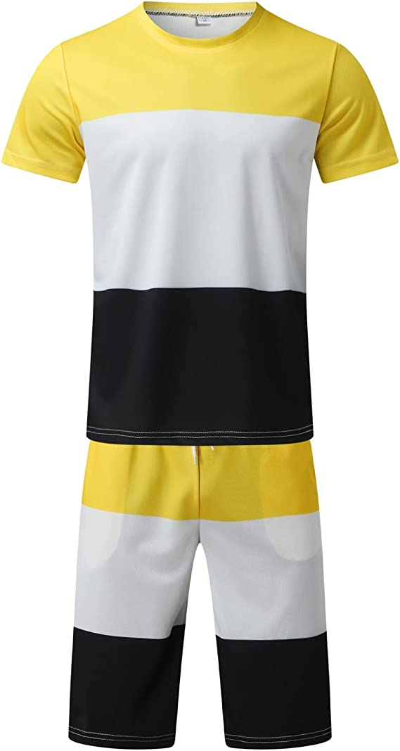 Suitmens Men's Simple Colorblock Print Shorts Set 079