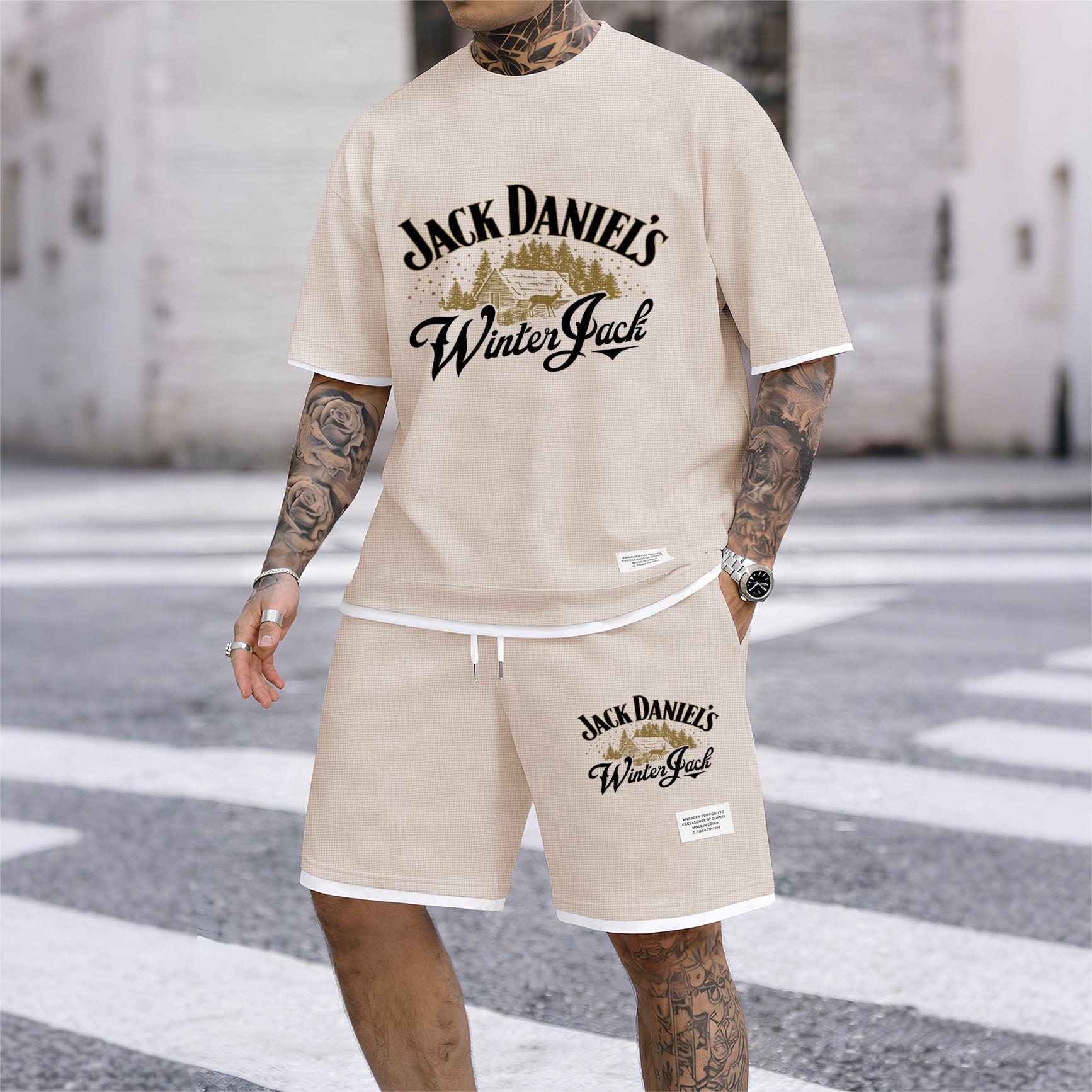 Men's Beer And Beverage Printed Drawstring Shorts Set, Suitable For Spring And Summer Wear, Casual Summer Set, Including Short-Sleeved Shirt And Shorts, Suitable For Everyday Wear And Sports 010