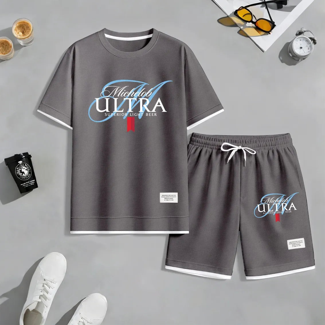 Men's Low-Calorie Healthy Living Print Waffle Fabric Short-Sleeved Shirt And Shorts Set