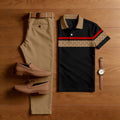 Men's Casual Tan & Black Color Matching VIntage Patchwork Printed Short Sleeved Polo Shirt & Trousers Two-Piece Set  200202