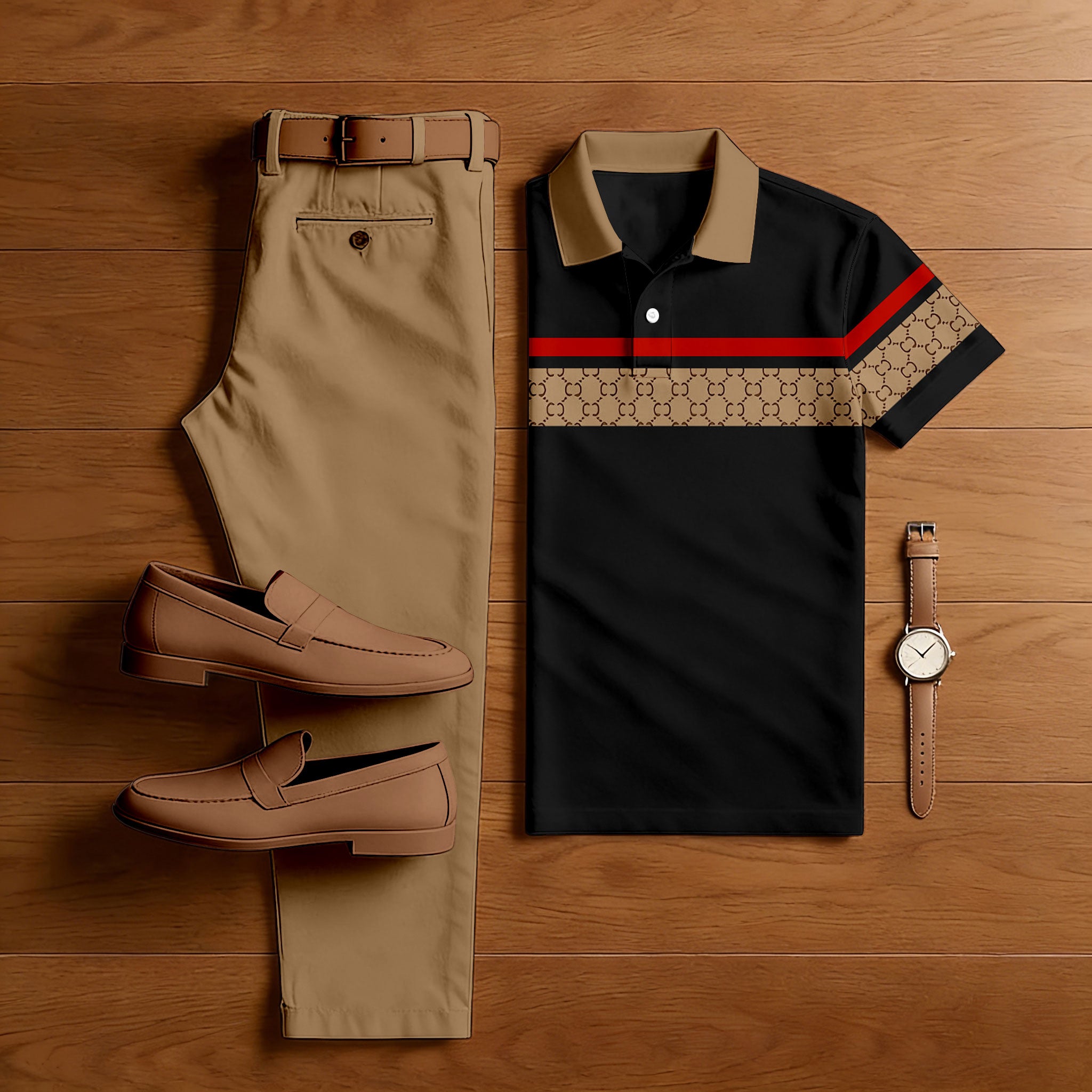 Men's Casual Tan & Black Color Matching VIntage Patchwork Printed Short Sleeved Polo Shirt & Trousers Two-Piece Set  200202