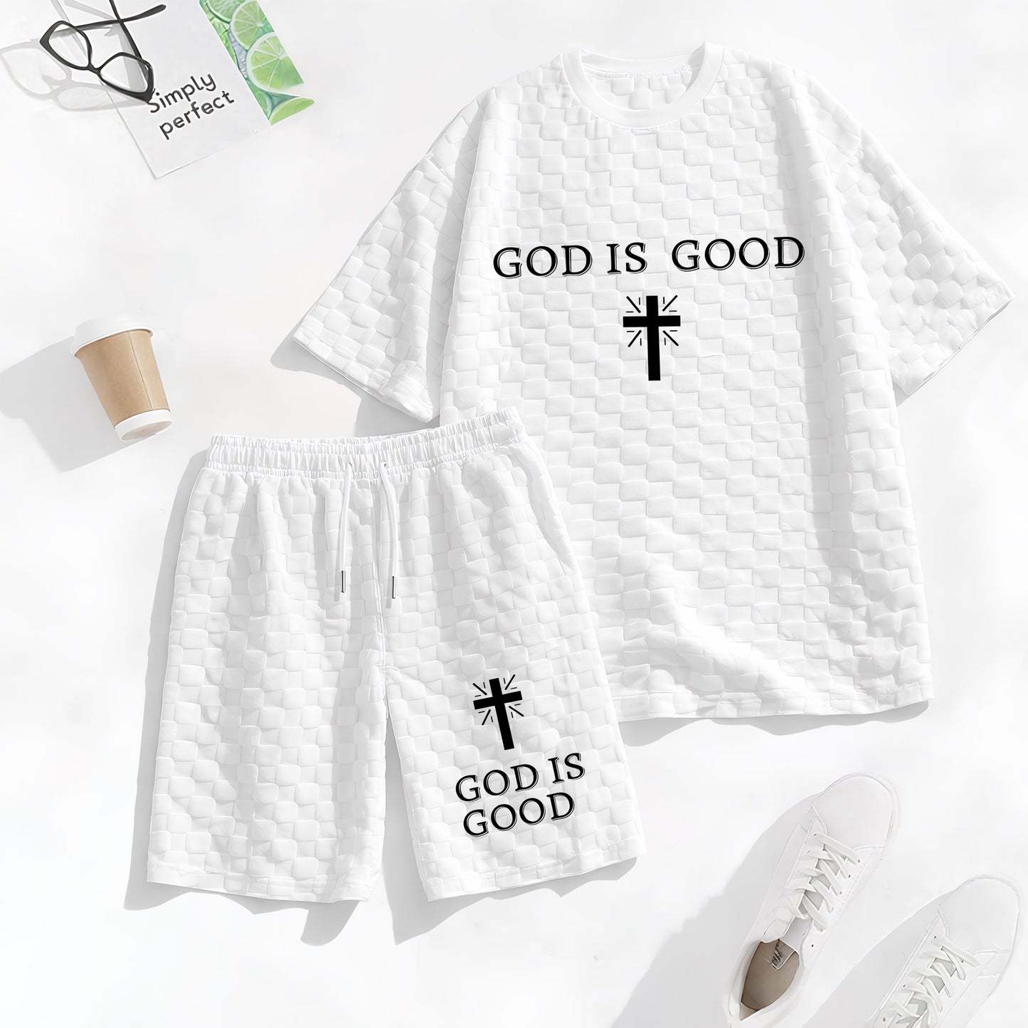 Men's Spring and Summer God is Good Letter Print Checkered Fabric Drawstring Shorts Set, Casual Summer Outfit with Short-Sleeved Shirt and Shorts, Ideal for Everyday Wear and Sports Activities