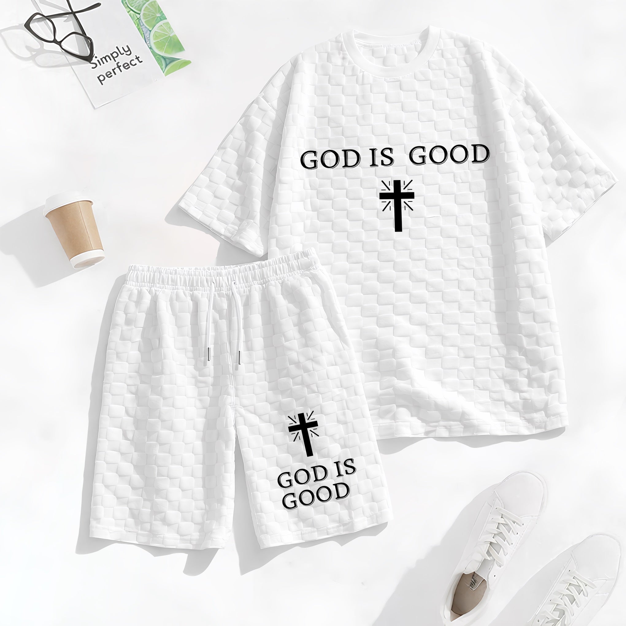 Men's Spring and Summer God is Good Letter Print Checkered Fabric Drawstring Shorts Set, Casual Summer Outfit with Short-Sleeved Shirt and Shorts, Ideal for Everyday Wear and Sports Activities