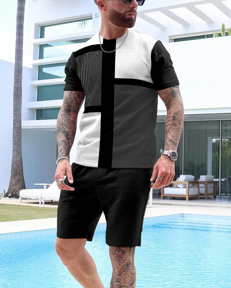 Men's Colorblock Print Shorts Set 47