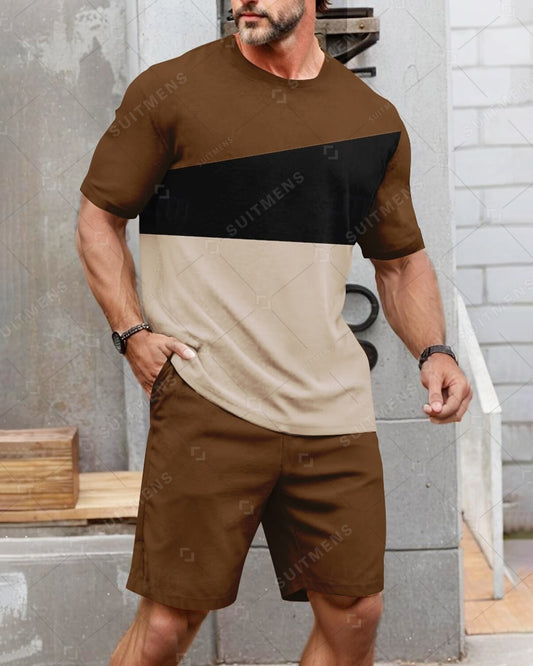 Men's Summer Color Matching Print Round Neck Set 225