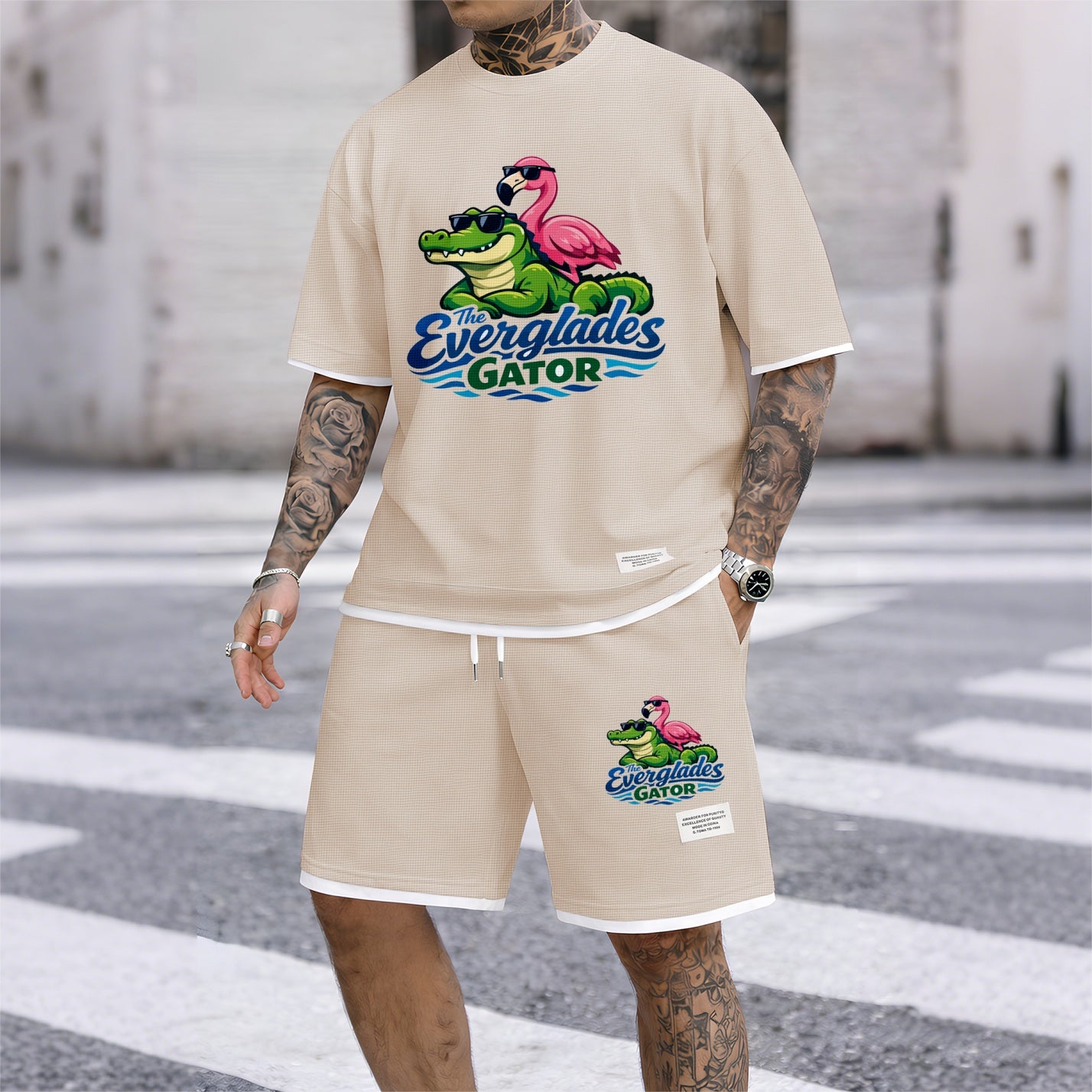 Men's Amusing Animals print drawstring shorts set for spring/summer, a casual summer outfit including a short-sleeved shirt and shorts, suitable for everyday wear and sports. A two-piece set for a relaxed and energetic lifestyle.