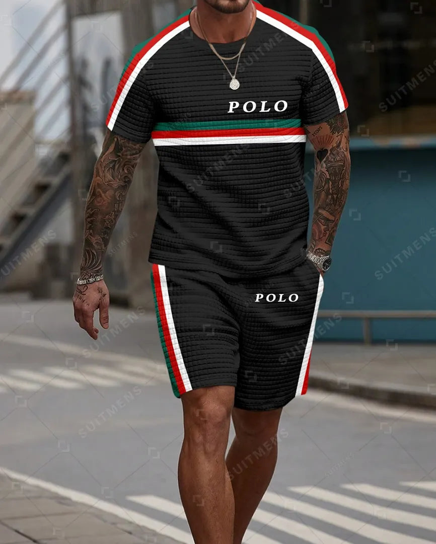 Men's Casual Waffle Textured Summer Round Neck Short Sleeve Shorts Set 0028