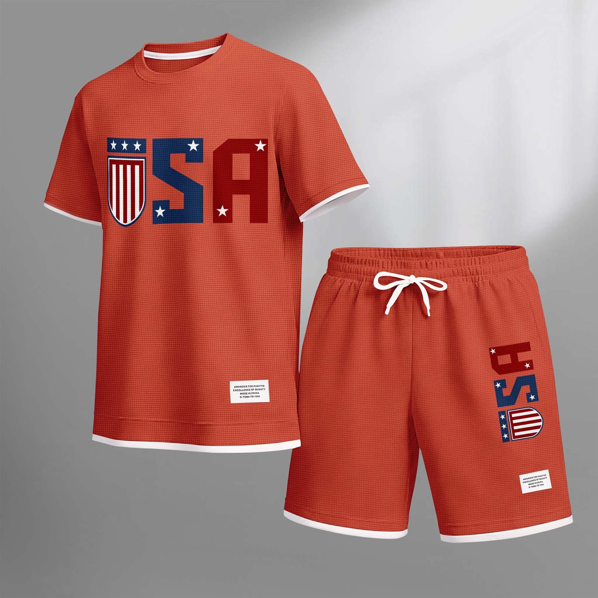 Men's USA Star Print Drawstring Shorts Set For Spring/Summer. A Casual Summer Outfit, Including A Short-Sleeved Shirt And Shorts, Suitable For Everyday Wear And Sports. A Two-Piece Set For A Relaxed And Energetic Lifestyle.
