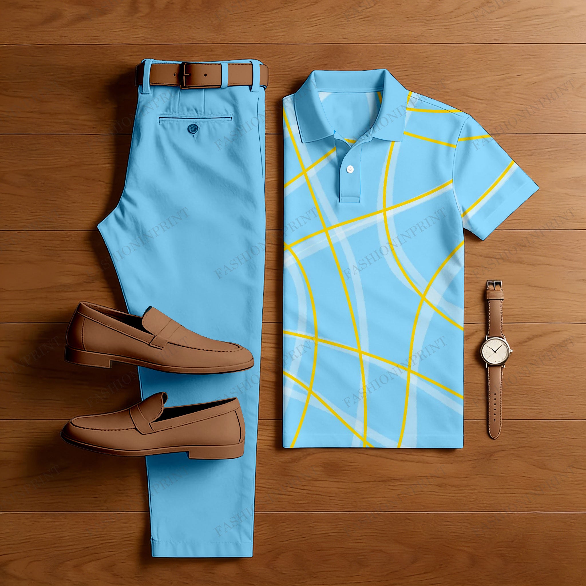 Men's Casual Sky Blue  Printed Polo Shirt And Pants Two-Piece Set