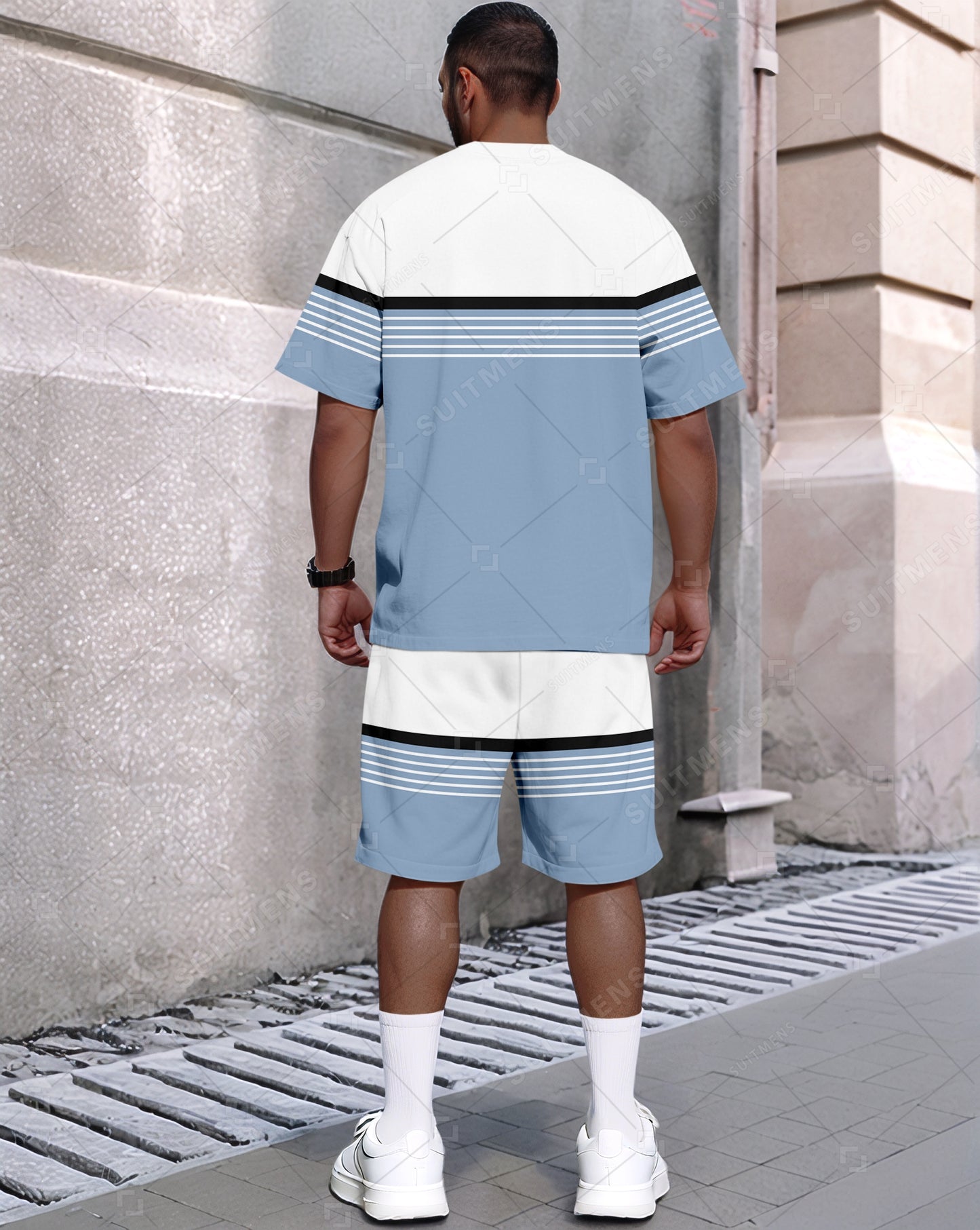 Men's Summer Colorblock Printed Round Neck Set 483