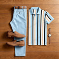 Men's Casual Blue Printed Polo Shirt And Pants Two-Piece Set