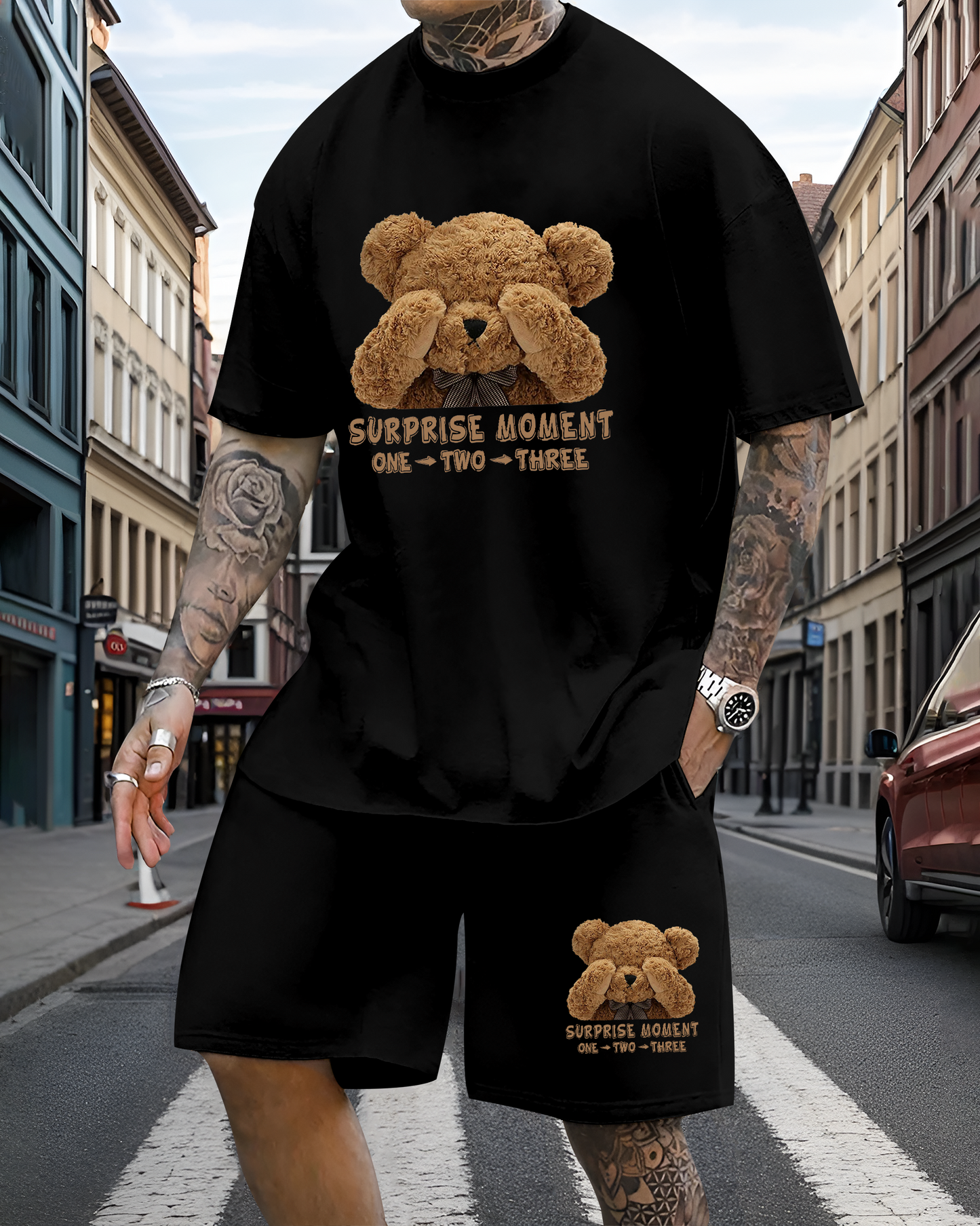Men's casual fun bear print shorts set 604