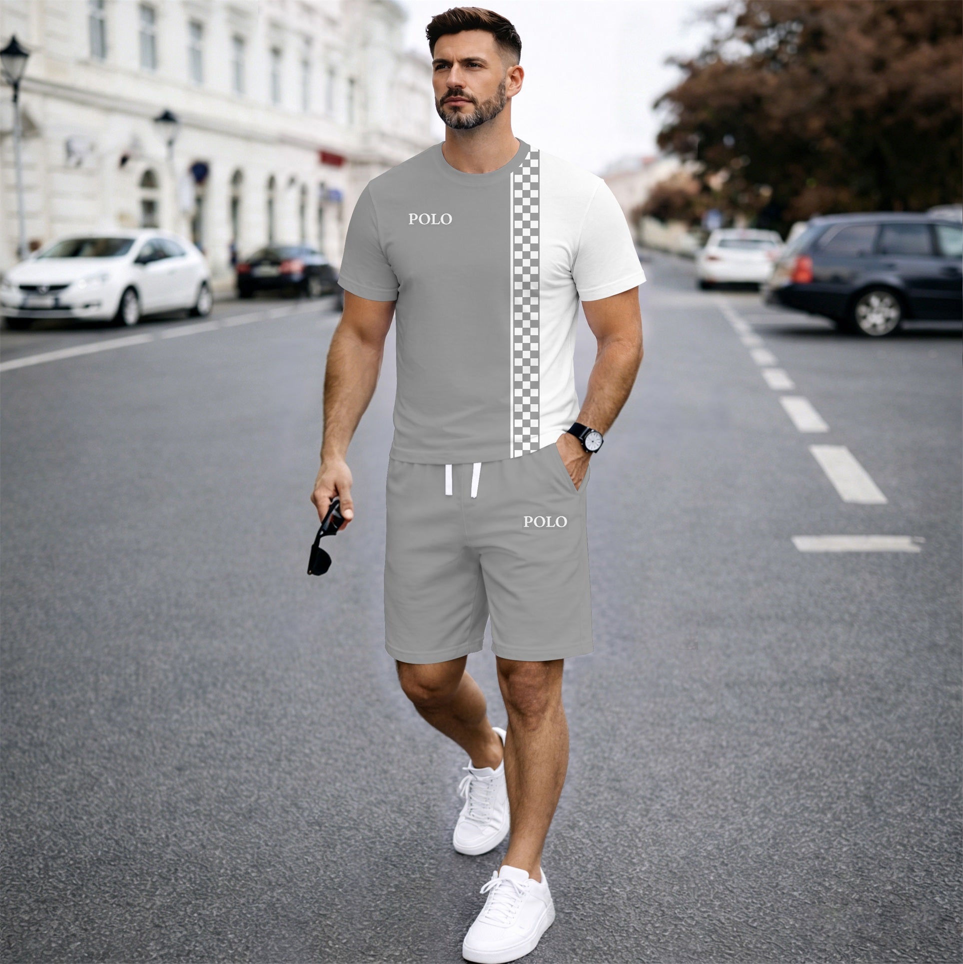 Men’s Casual Checker Stripe T Shirt and Shorts Set, 2 Piece Matching Outfit with Short Sleeve Tee and Elastic Waist Drawstring Shorts, Soft Breathable Summer Set for Holiday, Beach, Street Style, Lounge, and Everyday Wear