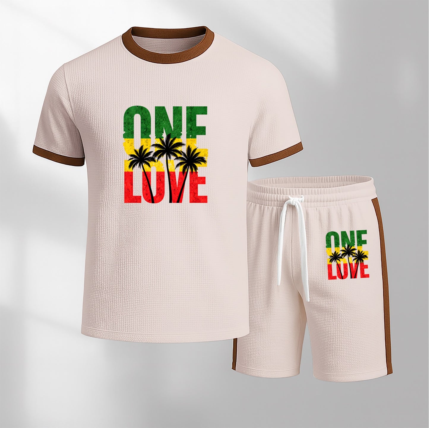 Men's Pattern Short-Sleeve T-Shirt and Drawstring Shorts Set, Men's Clothing, Casual Sporty Short-Sleeve Top and Shorts, Summer Men's Everyday Wear, Indoor and Outdoor Sportswear, Athletic Set