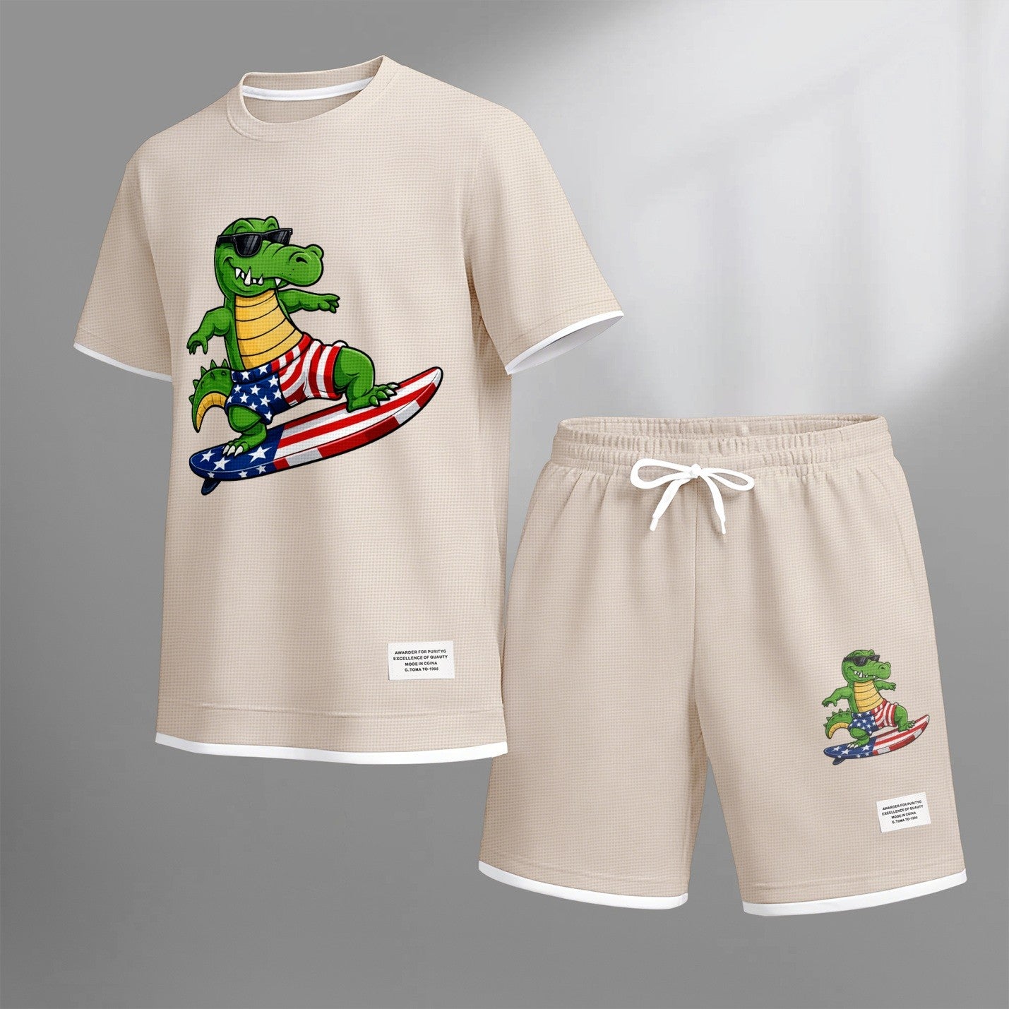 Men's Amusing Animals print drawstring shorts set for spring/summer, a casual summer outfit including a short-sleeved shirt and shorts, suitable for everyday wear and sports. A two-piece set for a relaxed and energetic lifestyle.