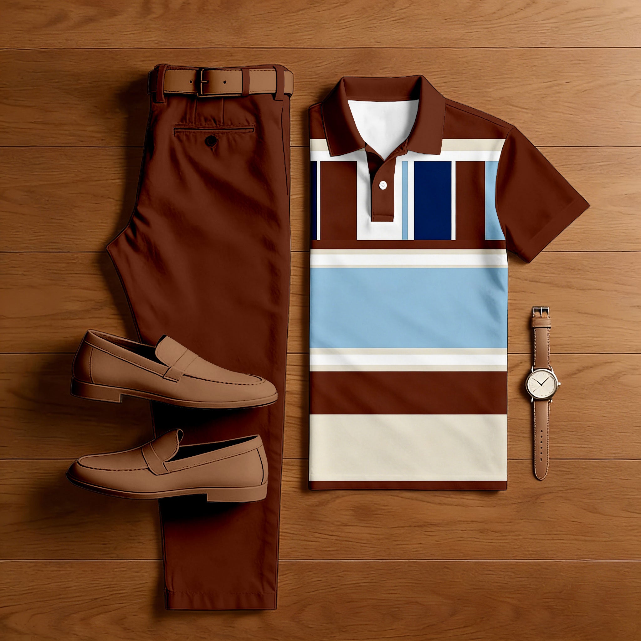 Men's Casual Maroon & Blue Color Matching Geometric Printed Short Sleeved Polo Shirt & Trousers Two-Piece Set