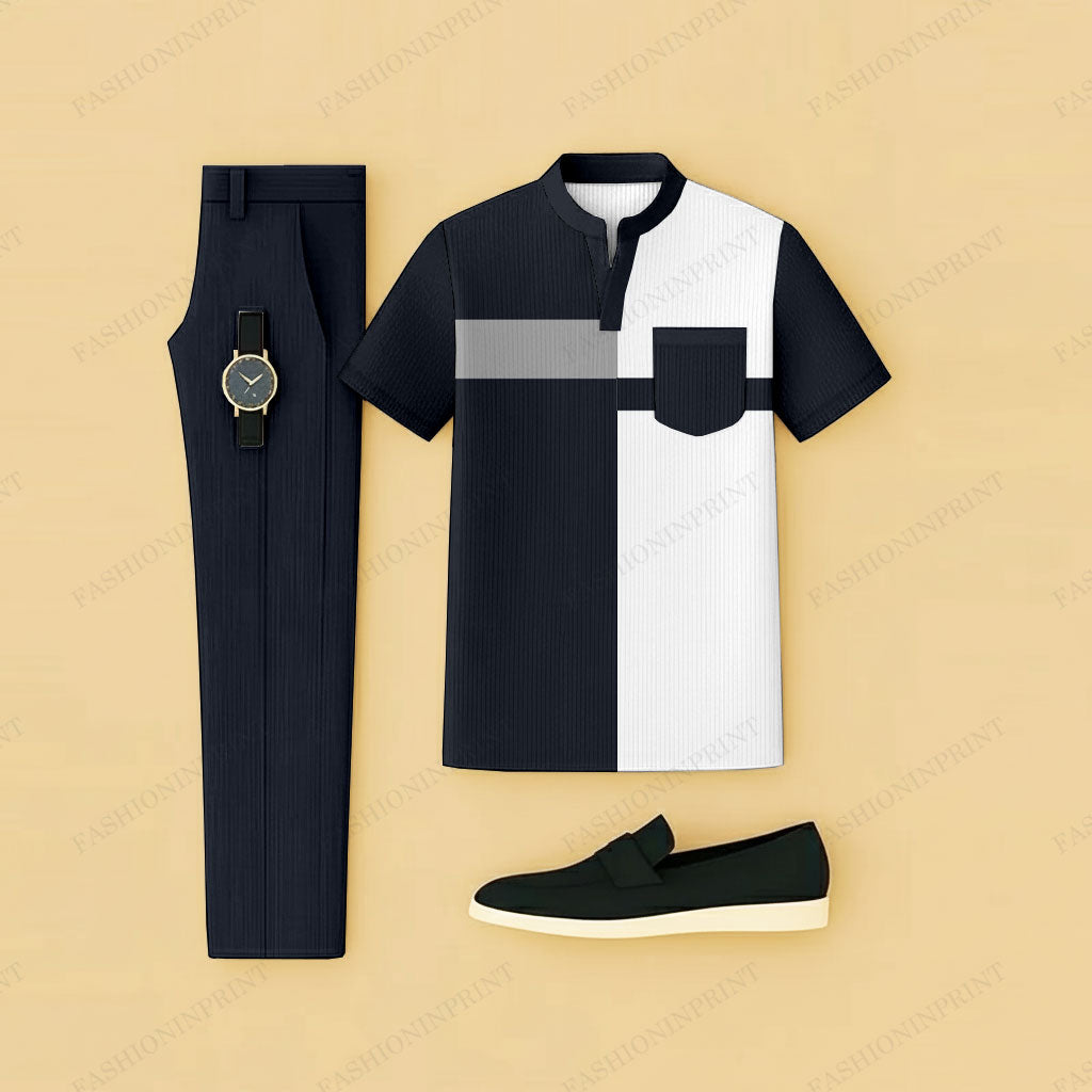 Men's Casual Black & White Geometry Printed Short-Sleeve T-Shirt And Pants Two-Piece Set