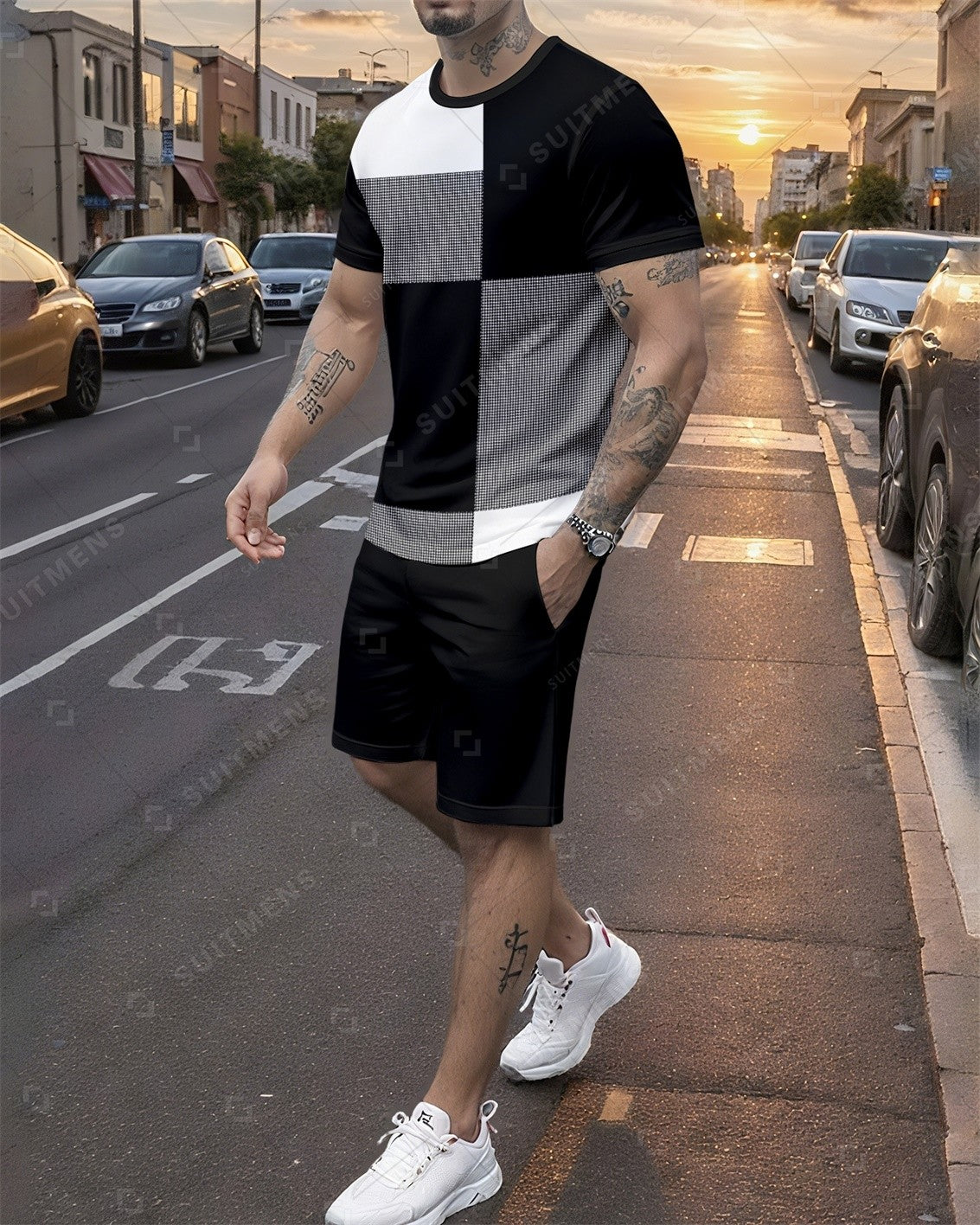 Men's Summer Colorblock Printed Round Neck Set 756