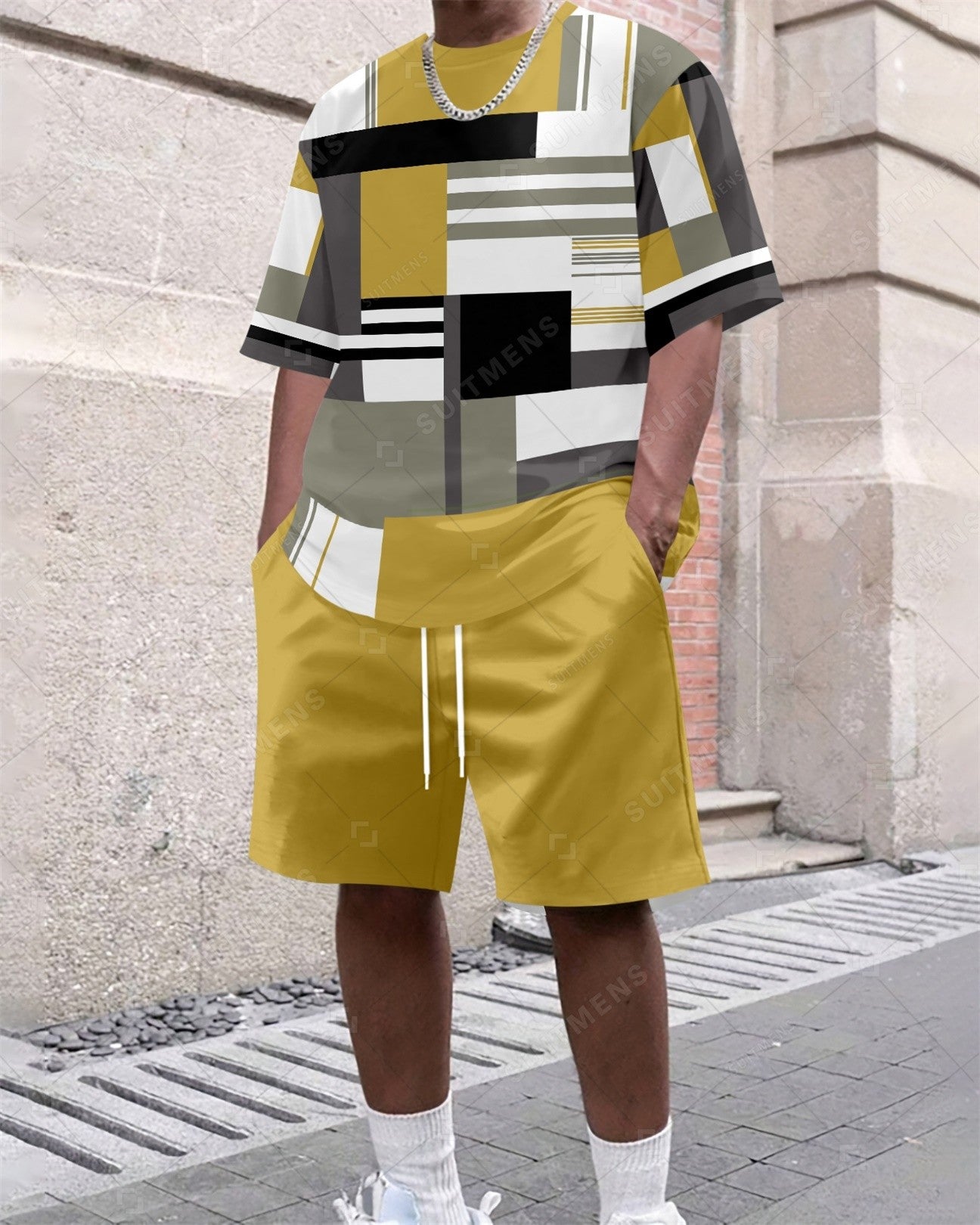 Men's Summer Colorblock Printed Round Neck Set 283