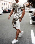 Men's Summer Retro Printed Round Neck Set 938