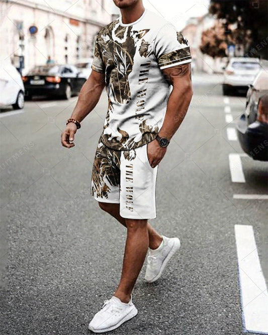 Men's Summer Retro Printed Round Neck Set 938