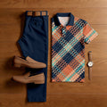 Men's Casual Navy Blue & Multi Color Matching Checkered Printed Short Sleeved Polo Shirt & Trousers Two-Piece Set 199601