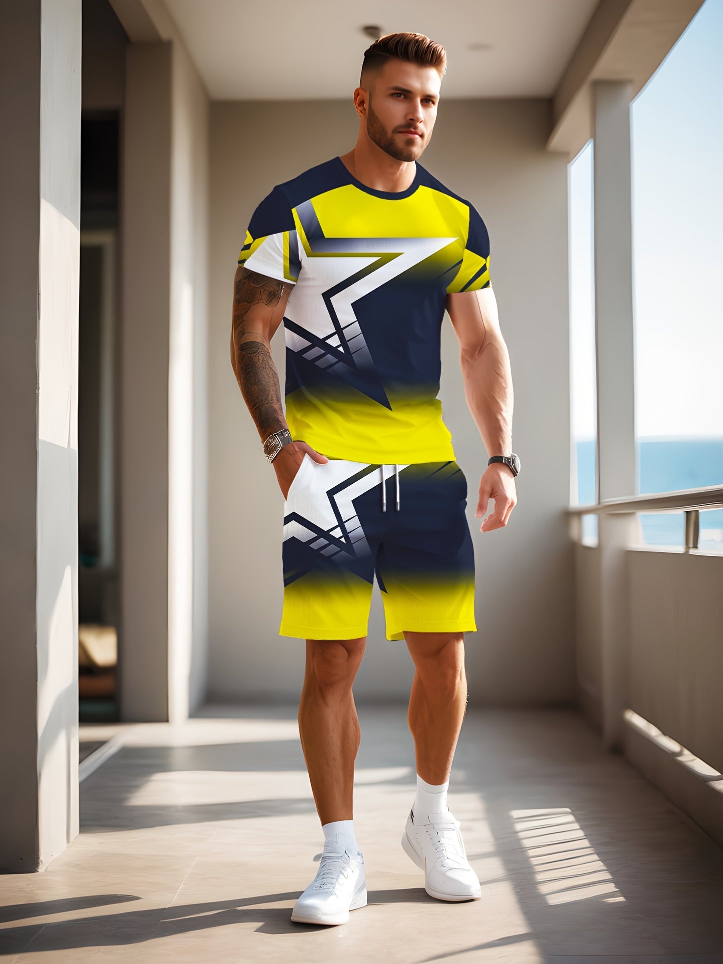 Men's Summer Color Matching Print Round Neck Set 970