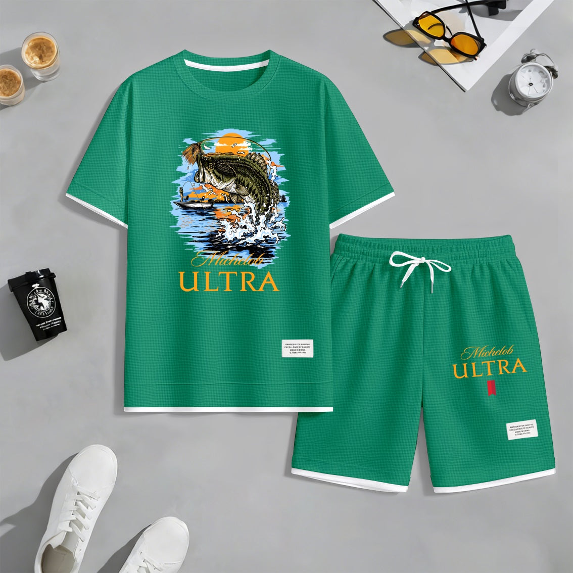 Men's Largemouth Bass Fishing Beer Print Waffle Fabric Short-Sleeved Shirt And Shorts Set