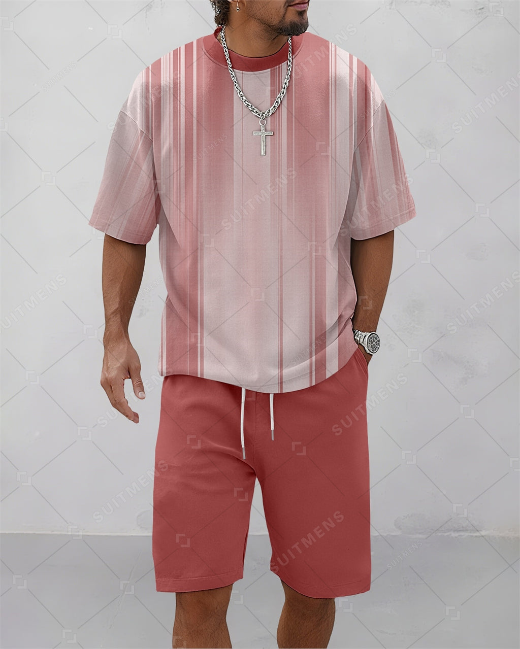 Men's Summer Colorblock Printed Round Neck Suit 086