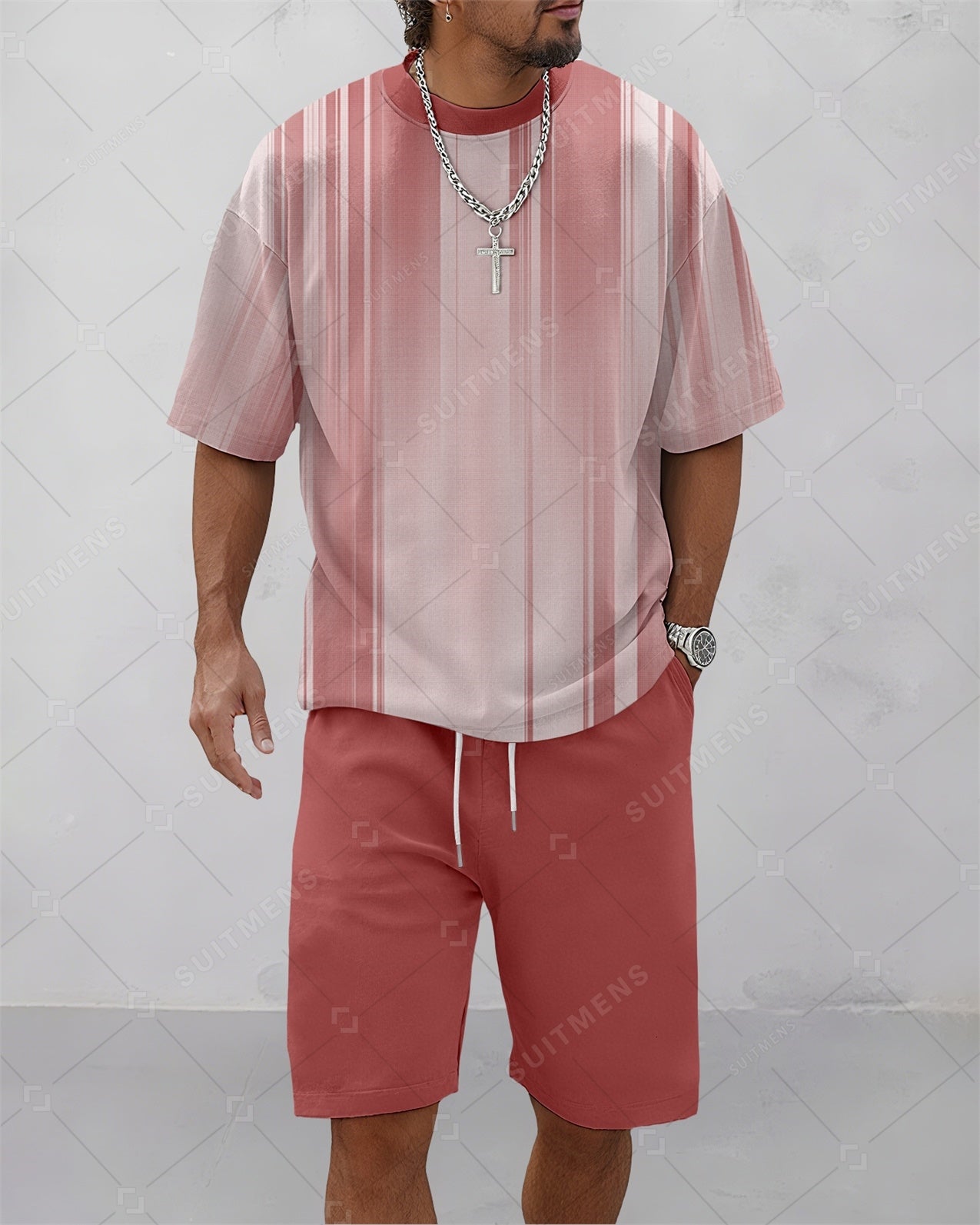 Men's Summer Colorblock Printed Round Neck Suit 086