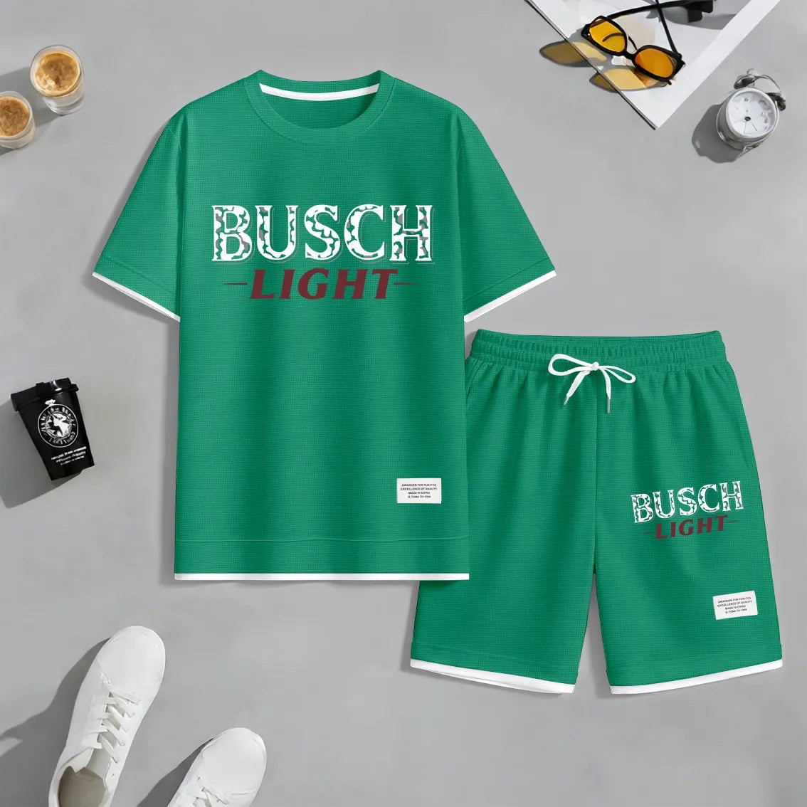 Men's Camping Beer Print Waffle Fabric Short-Sleeved Shirt And Shorts Set