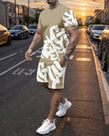 Men's Summer Colorblock Printed Round Neck Set 410