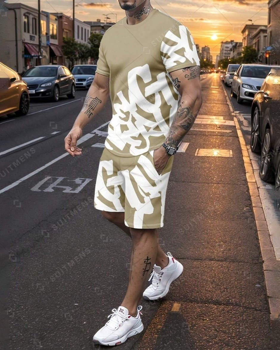 Men's Summer Colorblock Printed Round Neck Set 410