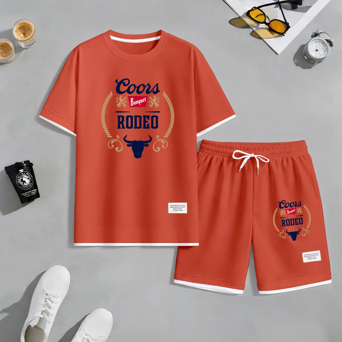 Men's American Lager Print Waffle Fabric Short-Sleeved Shirt And Shorts Set