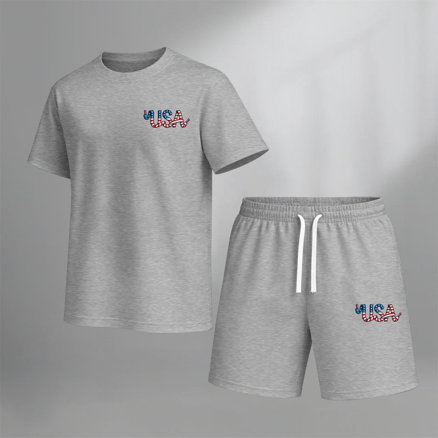 Men’s Summer 2 Piece Set, USA Letter Print Short Sleeve T Shirt and Drawstring Shorts Matching Outfit, Lightweight Breathable Casual Set for Beach, Vacation, Gym, Travel, Running, and Daily Wear