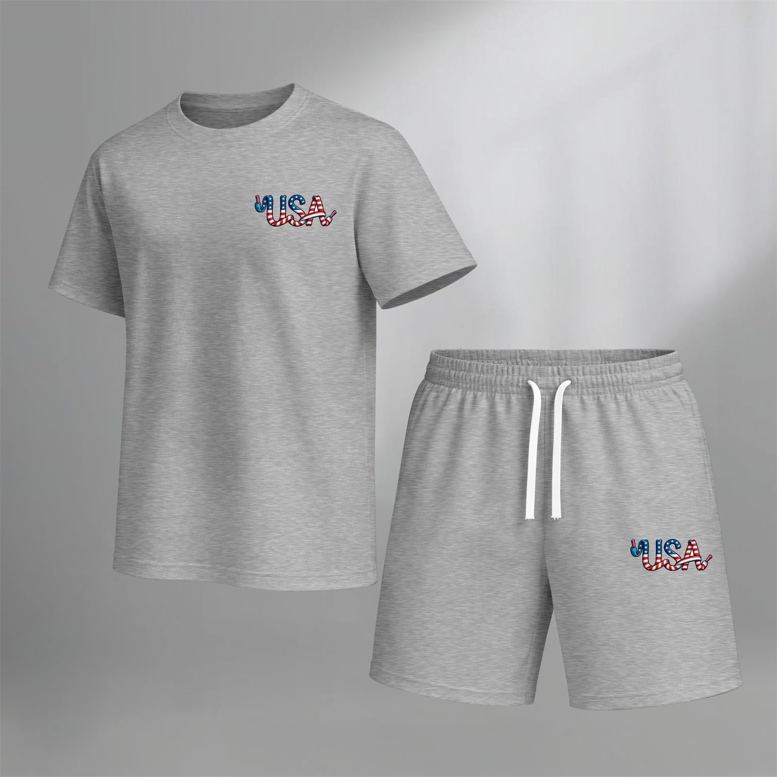 Men’s Summer 2 Piece Set, USA Letter Print Short Sleeve T Shirt and Drawstring Shorts Matching Outfit, Lightweight Breathable Casual Set for Beach, Vacation, Gym, Travel, Running, and Daily Wear