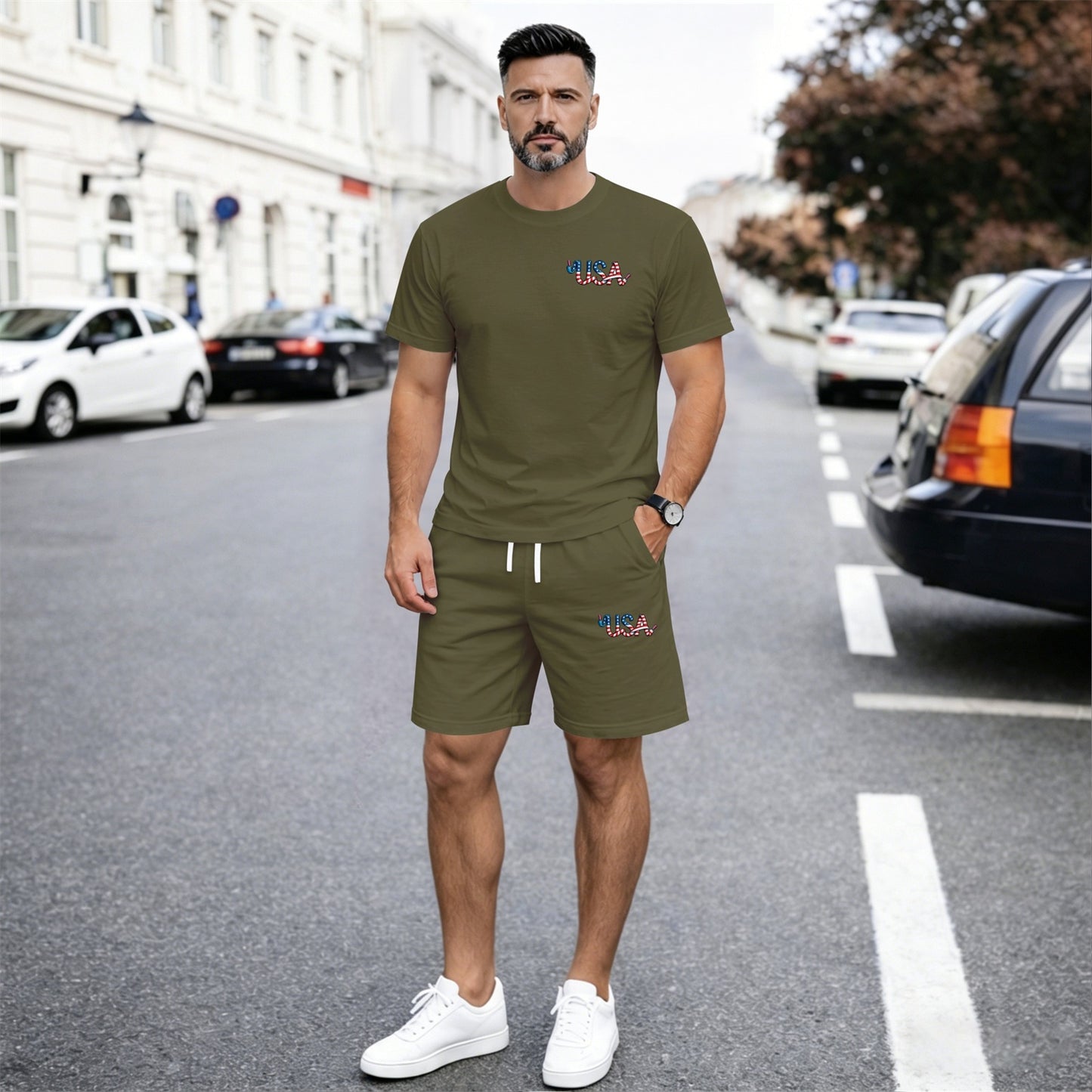 Men’s Summer 2 Piece Set, Heartbeat Line Print Short Sleeve T Shirt and Drawstring Shorts Matching Outfit, Lightweight Breathable Casual Set for Beach, Vacation, Gym, Travel, Running, and Daily Wear