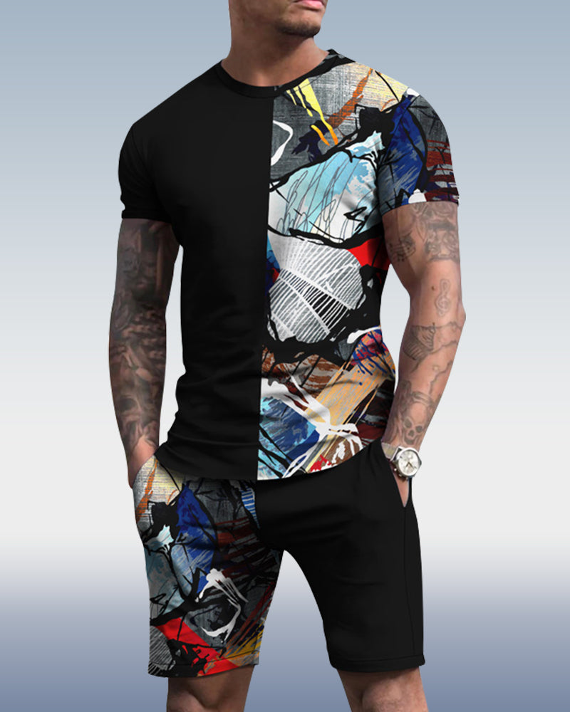 Men's spring and summer splicing printed suit 068