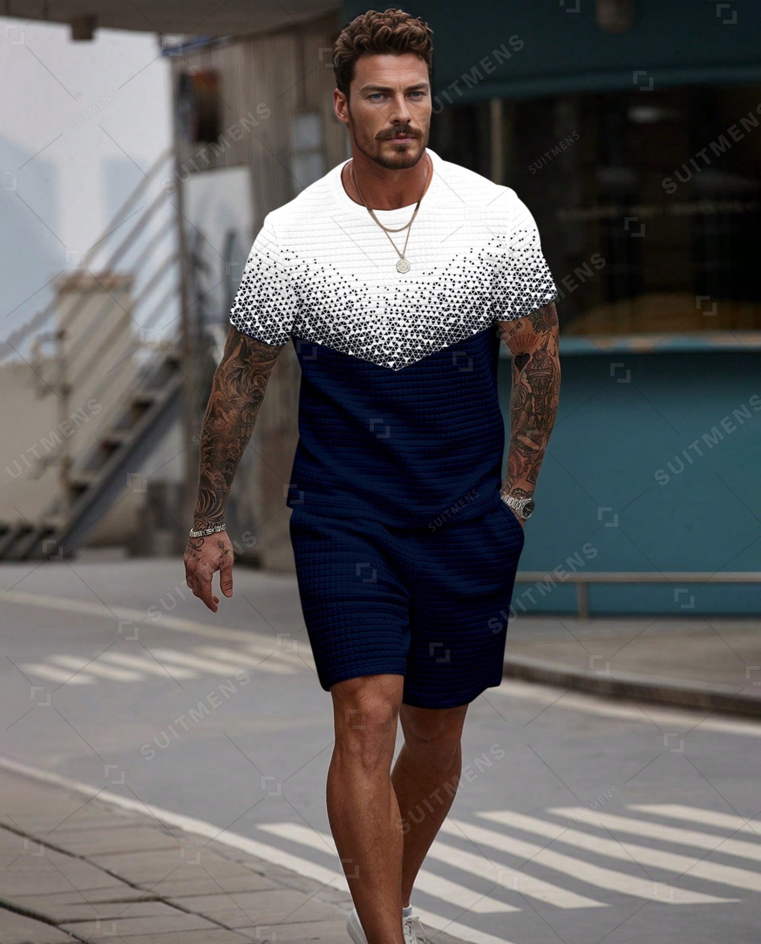 Men's Casual Waffle Textured Summer Round Neck Short Sleeve Shorts Set 0018