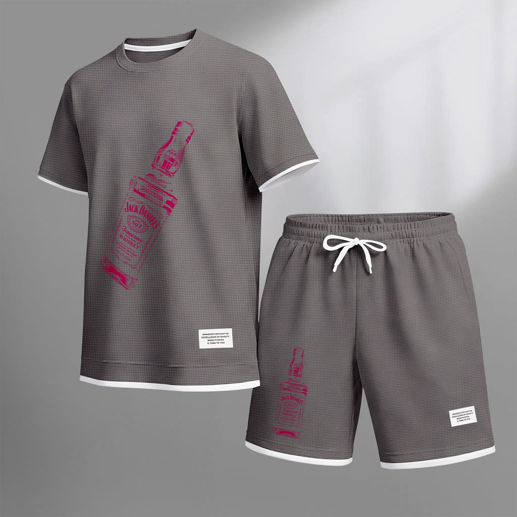 Men's Beer And Beverage Printed Drawstring Shorts Set, Suitable For Spring And Summer Wear, Casual Summer Set, Including Short-Sleeved Shirt And Shorts, Suitable For Everyday Wear And Sports 07
