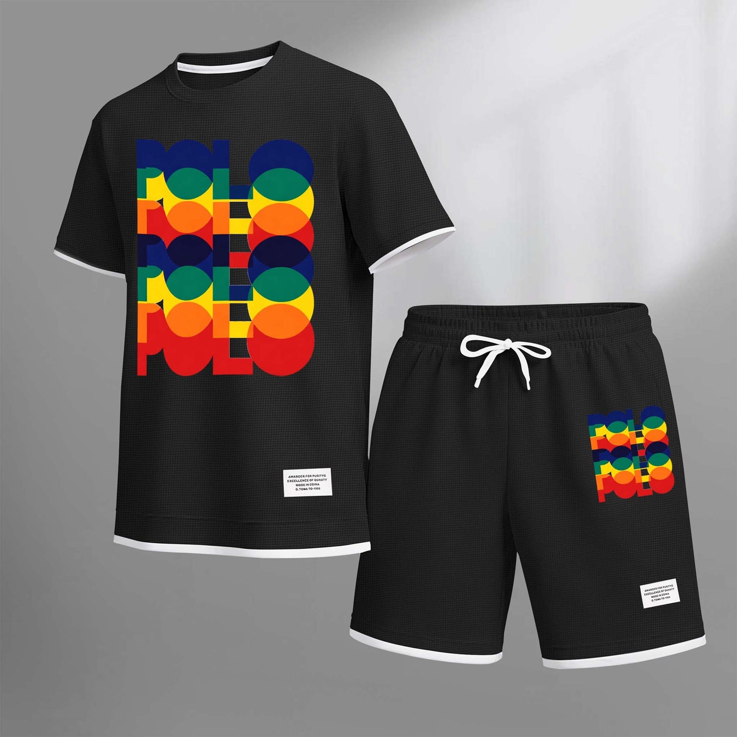 Men's Polo Print Drawstring Shorts Set For Spring/Summer. A Casual Summer Outfit, Including A Short-Sleeved Shirt And Shorts, Suitable For Everyday Wear And Sports. A Two-Piece Set For A Relaxed And Energetic Lifestyle.