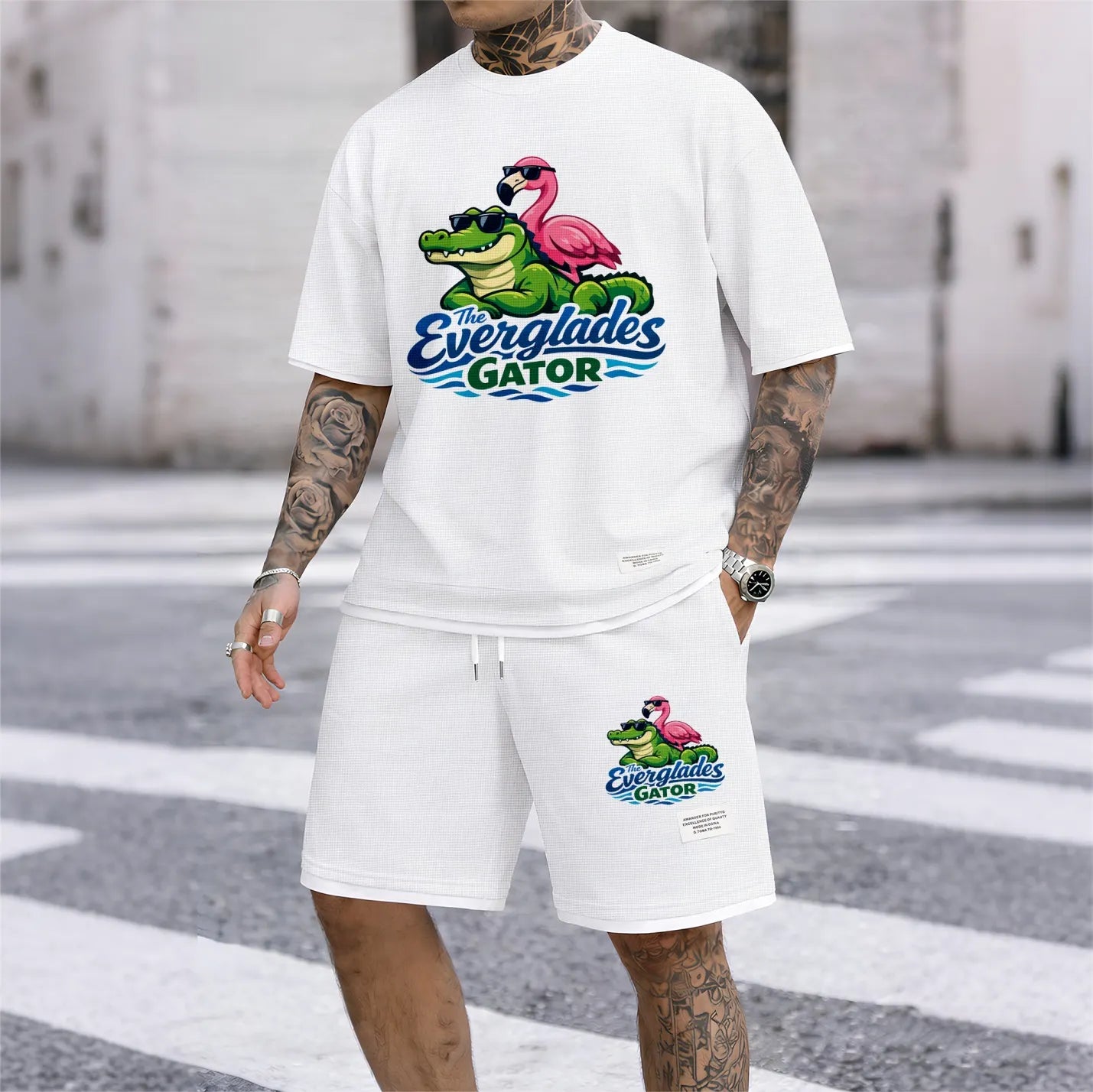 Men's Amusing Animals print drawstring shorts set for spring/summer, a casual summer outfit including a short-sleeved shirt and shorts, suitable for everyday wear and sports. A two-piece set for a relaxed and energetic lifestyle.