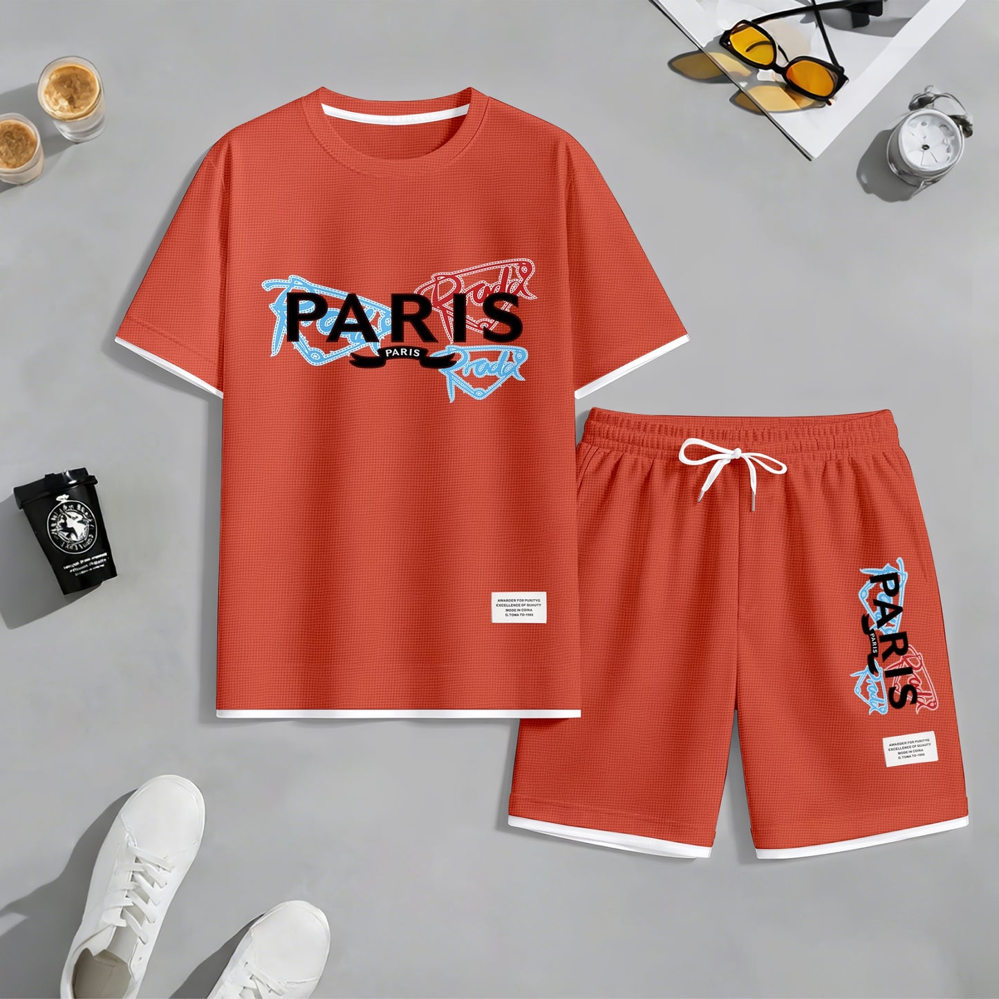Men's PARIS Red & Blue Graffiti Letter Print Short Sleeve T-Shirt & Shorts Set, Summer Lightweight Waffle Sporty Casual Two-Piece Outfit, Streetwear for Gym & Daily Wear