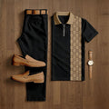 Men's Casual Black & Brown Color Matching Retro Style Checkered Printed Short Sleeved Polo Shirt & Trousers Two-Piece Set