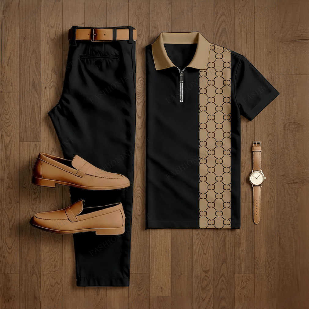 Men's Casual Black & Brown Color Matching Retro Style Checkered Printed Short Sleeved Polo Shirt & Trousers Two-Piece Set