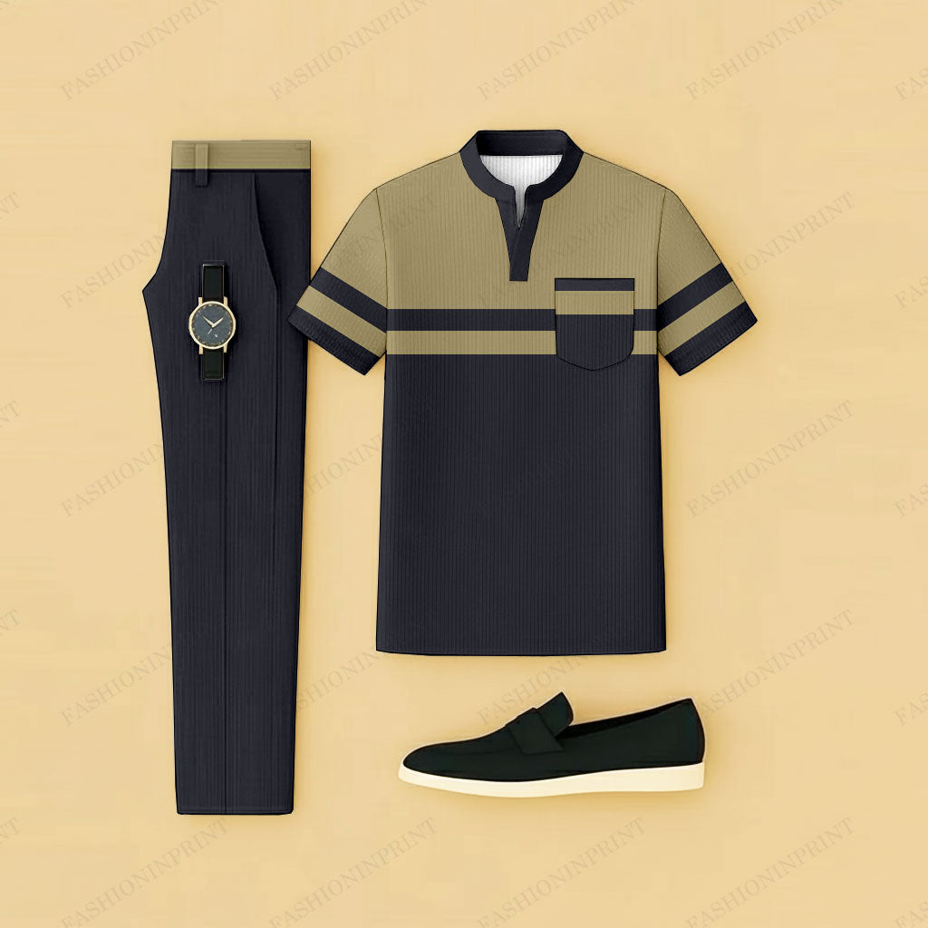 Men's Casual Black & Brown Printed Short-Sleeve T-Shirt And Pants Two-Piece Set